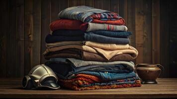 a stack of folded clothes on a wooden table photo