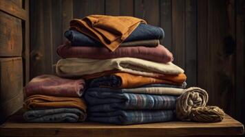 a stack of folded clothes on a wooden table photo