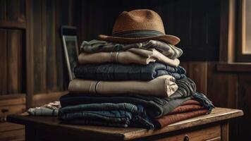 a stack of folded clothes on a wooden table photo