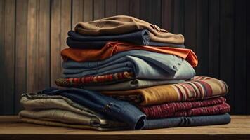 a stack of folded clothes on a wooden table photo