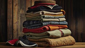 a stack of folded clothes on a wooden table photo