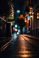 a blurry image of a street at night photo