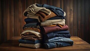 a stack of folded clothes on a wooden table photo