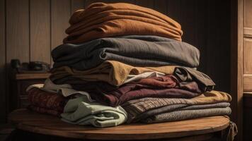 a stack of folded clothes on a wooden table photo