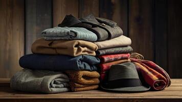 a stack of folded clothes on a wooden table photo