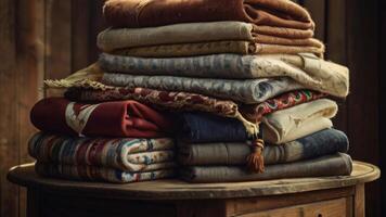 a stack of folded clothes on a wooden table photo