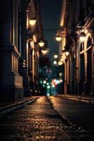 a blurry image of a street at night photo