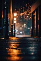 a blurry image of a street at night photo