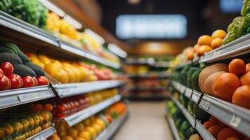 Supermarket store shelves with fruits and vegetables with blurred background photo