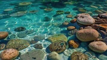 AI generated Texture transparent clear waters of the sea lake with Pebbles under water photo