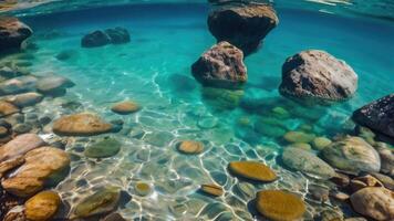 AI generated Texture transparent clear waters of the sea lake with Pebbles under water photo