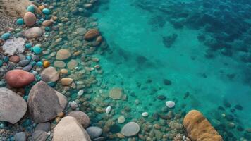 AI generated Texture transparent clear waters of the sea lake with Pebbles under water photo