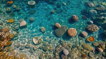 AI generated Texture transparent clear waters of the sea lake with Pebbles under water photo