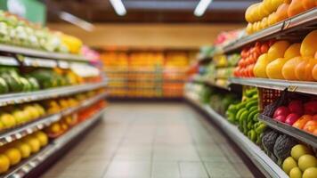 Supermarket store shelves with fruits and vegetables with blurred background photo