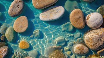 AI generated Texture transparent clear waters of the sea lake with Pebbles under water photo