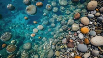AI generated Texture transparent clear waters of the sea lake with Pebbles under water photo