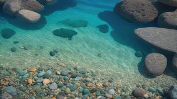 AI generated Texture transparent clear waters of the sea lake with Pebbles under water photo