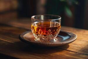 AI generated Transparent teacup on a wooden table photo