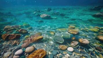 AI generated Texture transparent clear waters of the sea lake with Pebbles under water photo