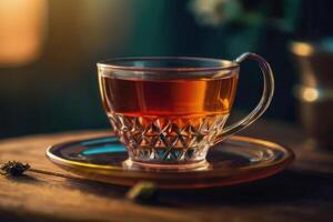 AI generated Transparent teacup on a wooden table photo
