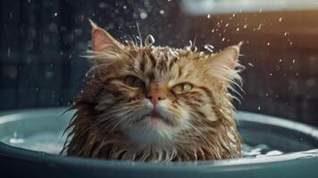 AI generated Wet Cat during bath in the tub photo