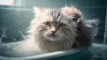 AI generated Wet Cat during bath in the tub photo