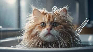 AI generated Wet Cat during bath in the tub photo