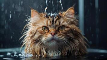 ai generado mojado gato durante bañera en el tina foto