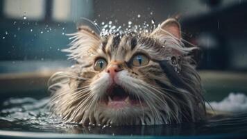 AI generated Wet Cat during bath in the tub photo