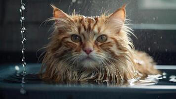 AI generated Wet Cat during bath in the tub photo