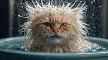 ai generado mojado gato durante bañera en el tina foto