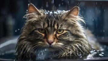 AI generated Wet Cat during bath in the tub photo