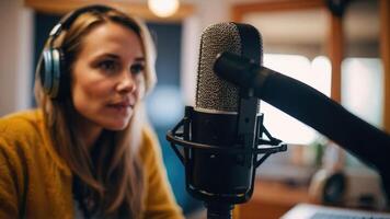 AI generated a woman podcaster in a studio with headphones on photo