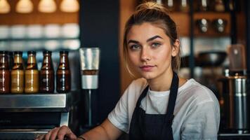 ai generado un hermosa joven mujer es sentado a un café tienda foto