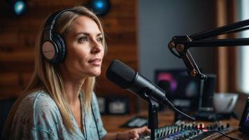 ai generado un mujer podcaster en un estudio con auriculares en foto