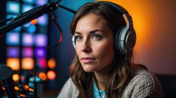 ai generado un mujer podcaster en un estudio con auriculares en foto