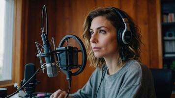 ai generado un mujer podcaster en un estudio con auriculares en foto