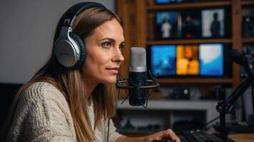 ai generado un mujer podcaster en un estudio con auriculares en foto