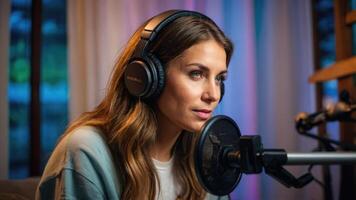ai generado un mujer podcaster en un estudio con auriculares en foto