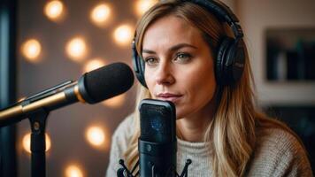 AI generated a woman podcaster in a studio with headphones on photo