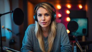 ai generado un mujer podcaster en un estudio con auriculares en foto