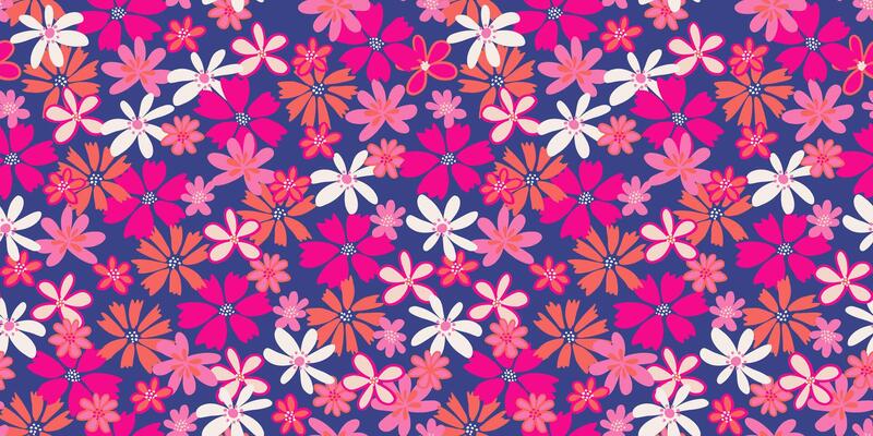 Colorful seamless pattern with abstract shapes groovy flowers. hand drawn. Cute ditsy floral printing on a blue background. Template for designs, notebook cover, childish textiles