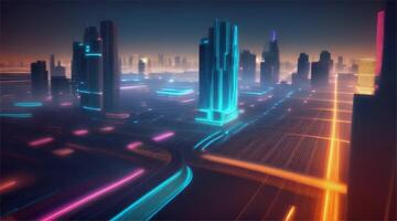 Animation in night city, fantasy futuristic world scene with skylight and lights. video
