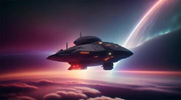 misterioso en forma de disco aeronave se eleva encima mullido nubes a atardecer, borrón el línea Entre astronave y avión video