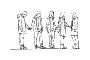 Group of people walking, boys and girls stroke outline illustration, friends group, couple vector