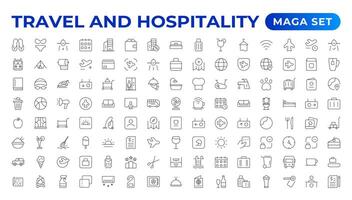 Set of outline icons related to the hospitality industry. Editable stroke. Travel set. Summer vacations and holiday symbol illustration. vector