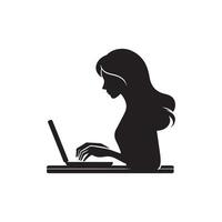 Girl working on laptop. Woman on computer lack silhouette illustration vector