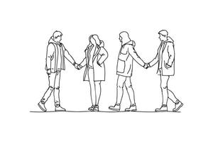 Group of people walking, boys and girls stroke outline illustration, friends group, couple vector