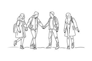 Group of people walking, boys and girls stroke outline illustration, friends group, couple vector