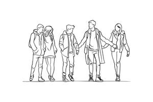 Group of people walking, boys and girls stroke outline illustration, friends group, couple vector